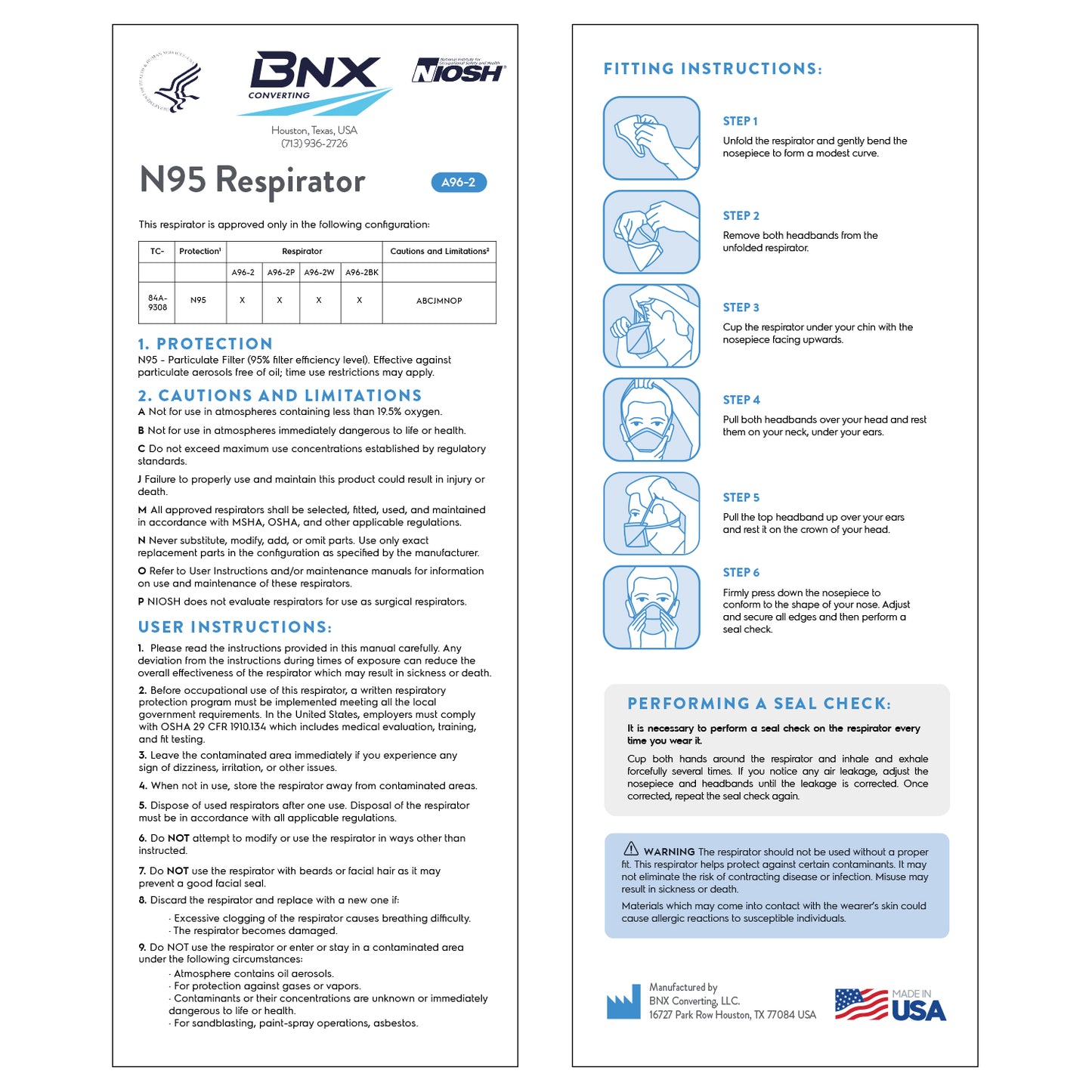 BNX N95 Mask Respirator Duckbill (NIOSH) (Model: A96-2W), White