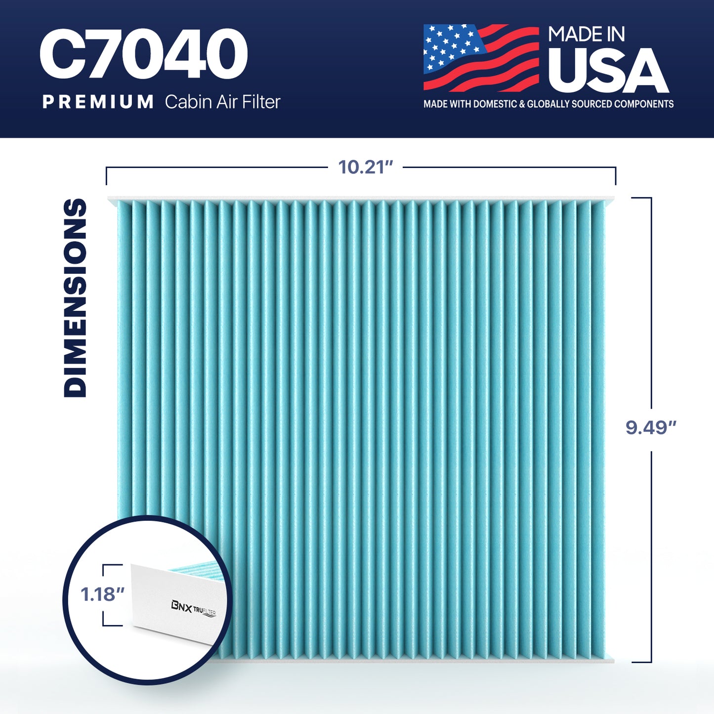 BNX TruFilter Cabin Air Filter, 99.97% HEPA, US Made, Compatible With Dodge Durango 2011-2020, Jeep Grand Cherokee 2011-2021 (C7040)