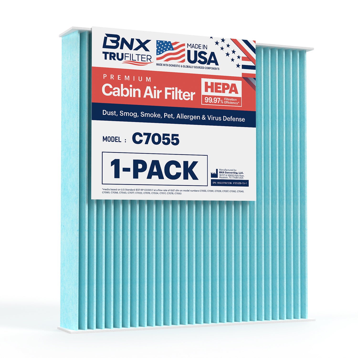 BNX TruFilter C7055 Cabin Air Filter, HEPA 99.97%, MADE IN USA