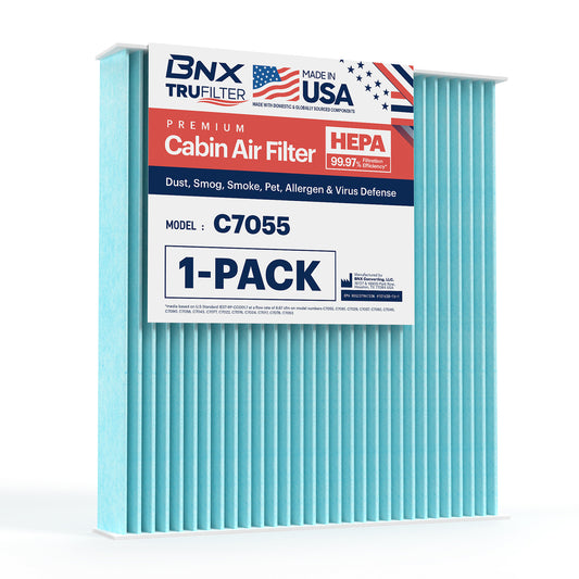 BNX TruFilter C7055 Cabin Air Filter, HEPA 99.97%, MADE IN USA, Compatible With Toyota Camry, Corolla, Highlander, RAV4, Tundra, Prius, 4Runner; Subaru Outback, Legacy; Lexus RX, GS, GX, IS, LS, ES