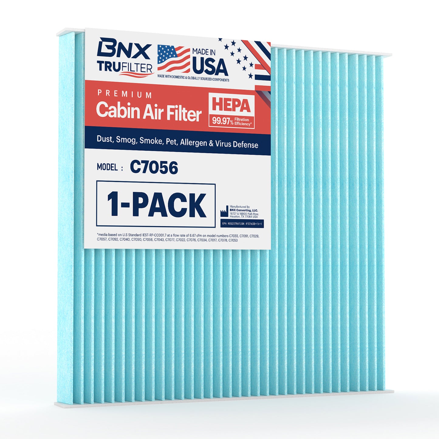 BNX TruFilter C7056 Cabin Air Filter, HEPA 99.97%, MADE IN USA, Compatible With Select Toyota Camry, 4Runner, Prius, Avalon, FJ Cruiser, Celica, Sienna, Solara; Lexus ES330, GX470, RX330, RX350,RX400h