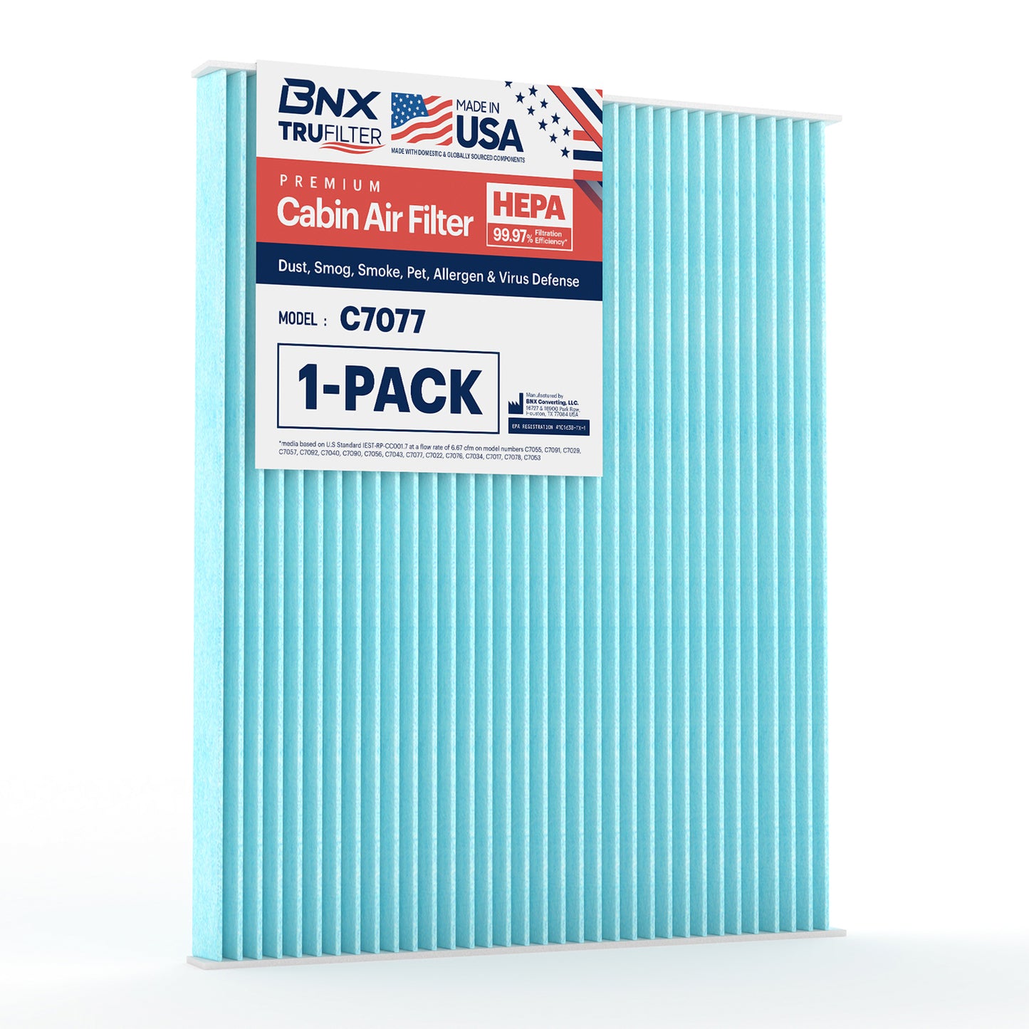 BNX TruFilter C7077 Cabin Air Filter, HEPA 99.97%, MADE IN USA, Compatible With Ford Edge, Fusion, Police Responder Hybrid, SSV Plug-In Hybrid; Lincoln Continental, MKX, MKZ