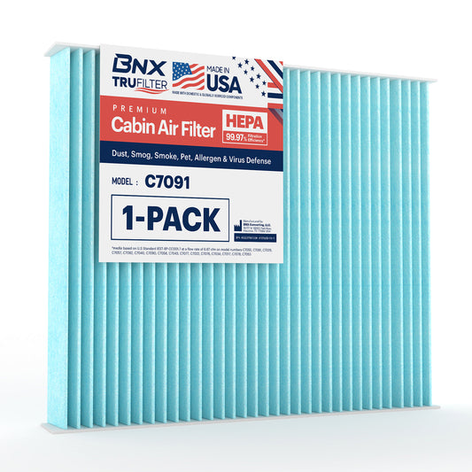 BNX TruFilter C7091 Cabin Air Filter, HEPA 99.97%, MADE IN USA, Compatible With Select Chevrolet: Silverado, Impala, Cruze, Malibu, Traverse, GMC: Sierra, Yukon, Terrain, Buick: Enclave, LaCrosse