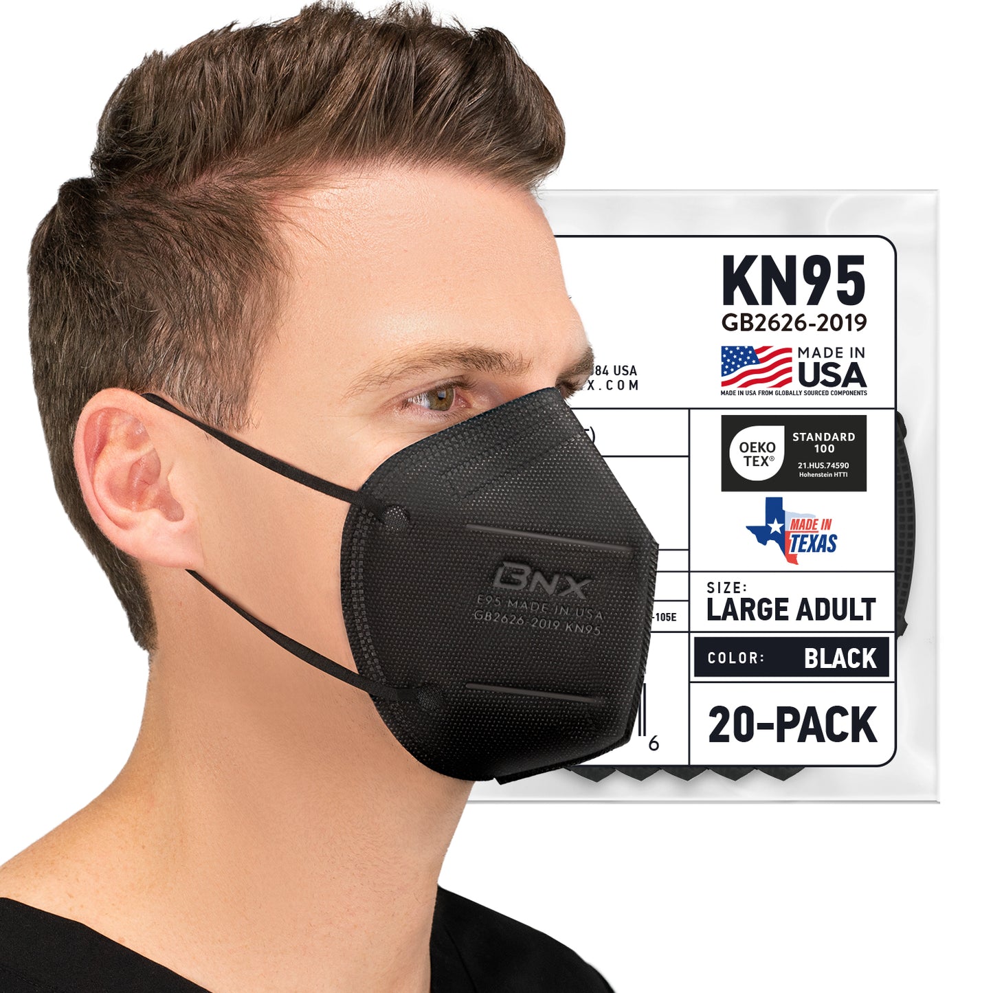 BNX KN95 Mask Black (E95), Made in USA KN95 Face Mask (Adult Large)