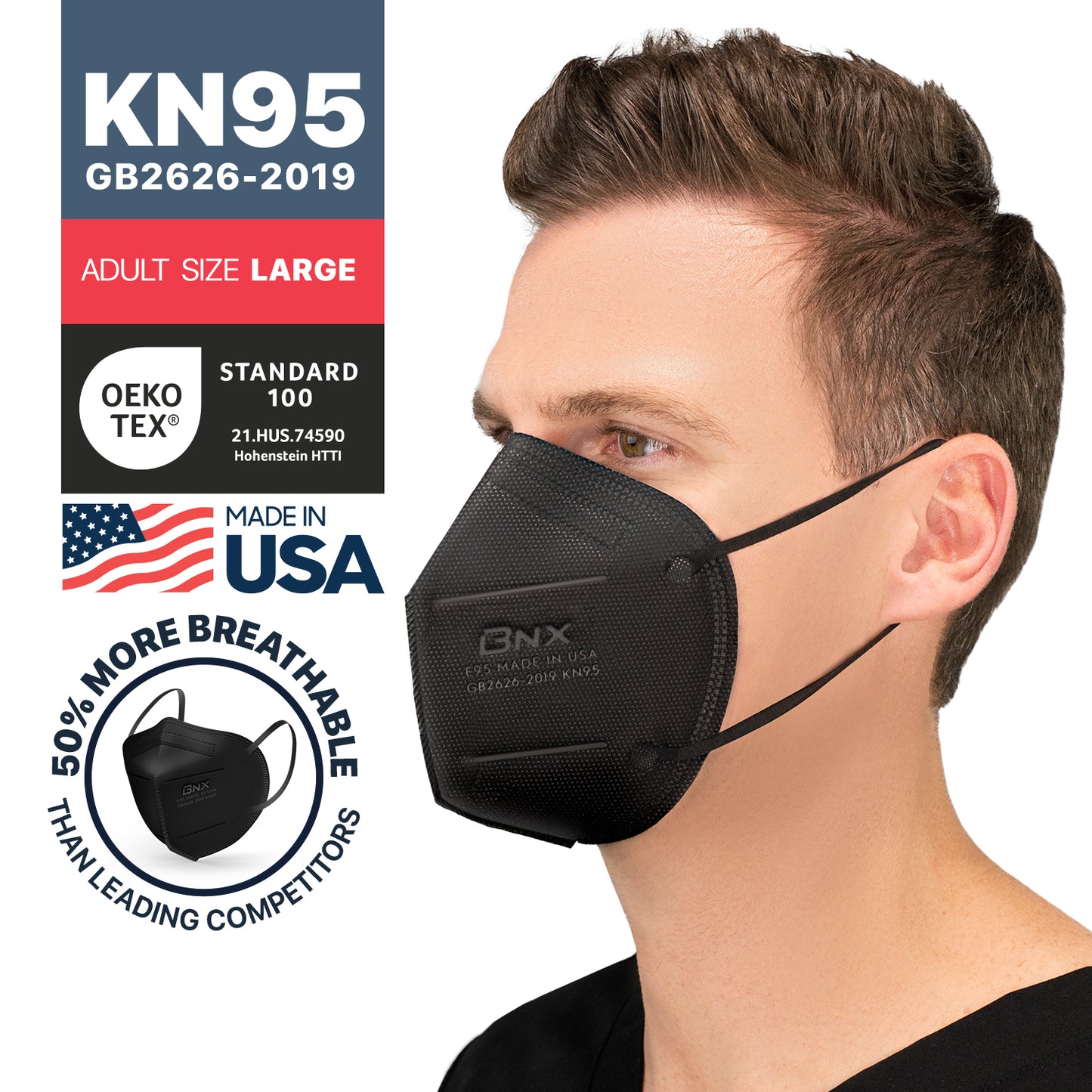 BNX KN95 Mask Black (E95), Made in USA KN95 Face Mask (Adult Large)