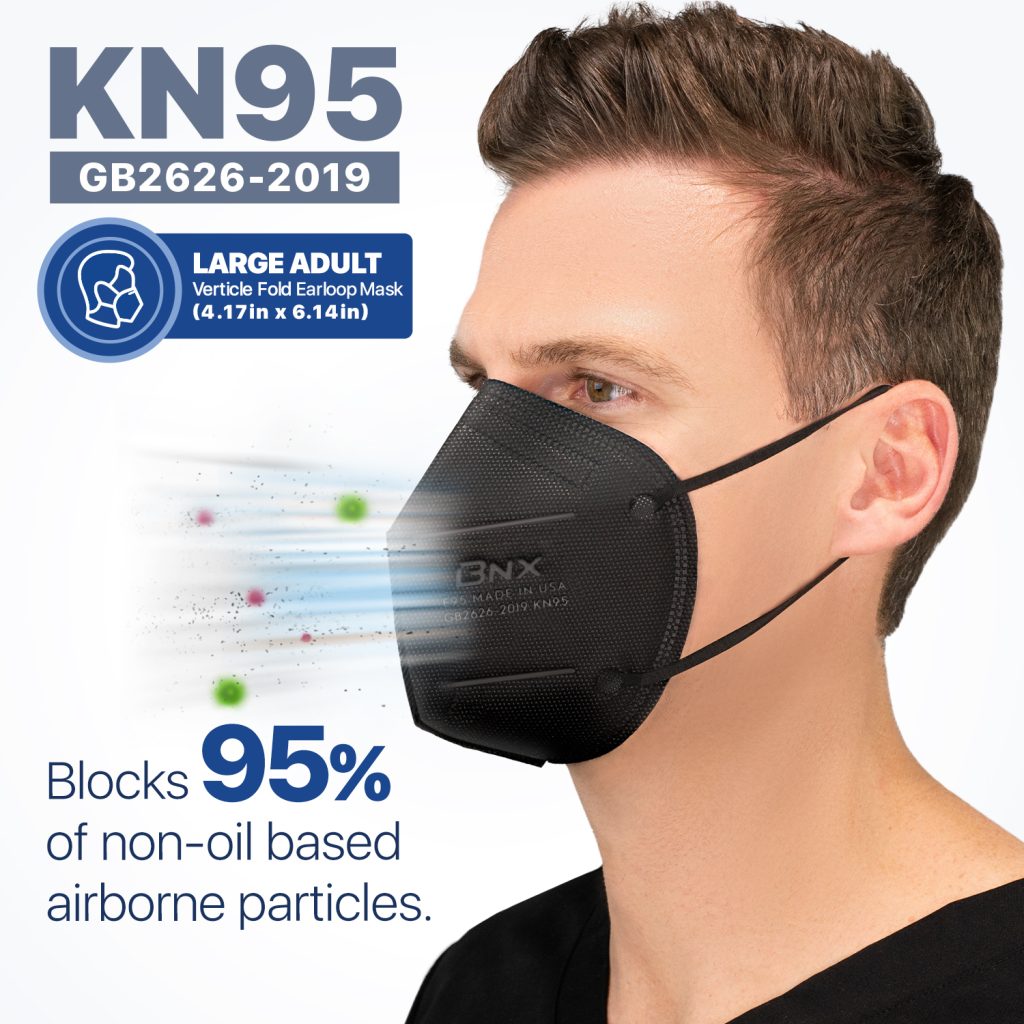 BNX KN95 Mask Black (E95), Made in USA KN95 Face Mask (Adult Large)