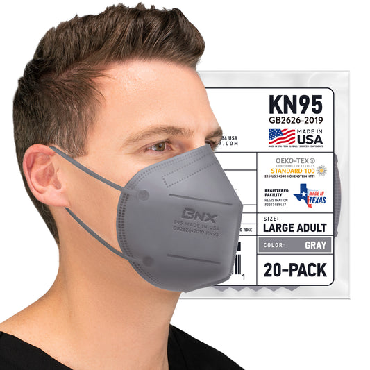 BNX KN95 Mask (E95), Made in USA KN95 Face Mask, Gray (Adult Large)