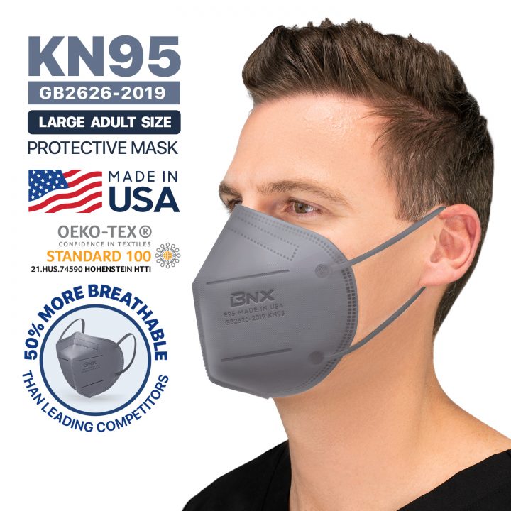 BNX KN95 Mask (E95), Made in USA KN95 Face Mask, Gray (Adult Large)