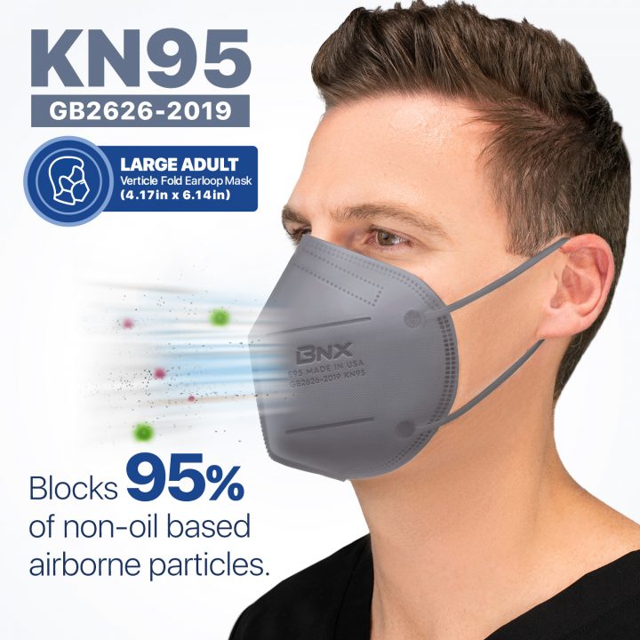 BNX KN95 Mask (E95), Made in USA KN95 Face Mask, Gray (Adult Large)