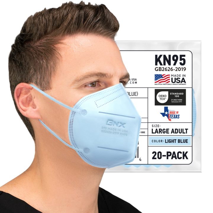 BNX KN95 Mask (E95), Made in USA KN95 Face Mask, Light Blue (Adult Large)