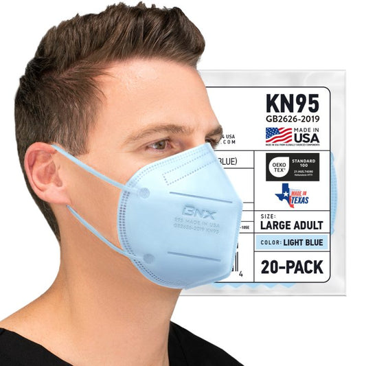 BNX KN95 Mask (E95), Made in USA KN95 Face Mask, Light Blue (Adult Large)