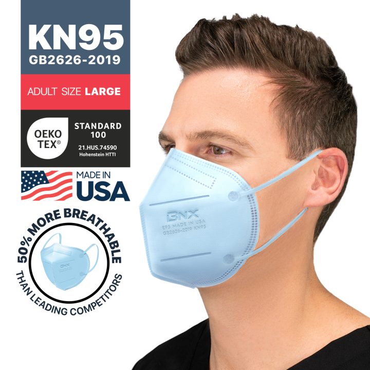 BNX KN95 Mask (E95), Made in USA KN95 Face Mask, Light Blue (Adult Large)