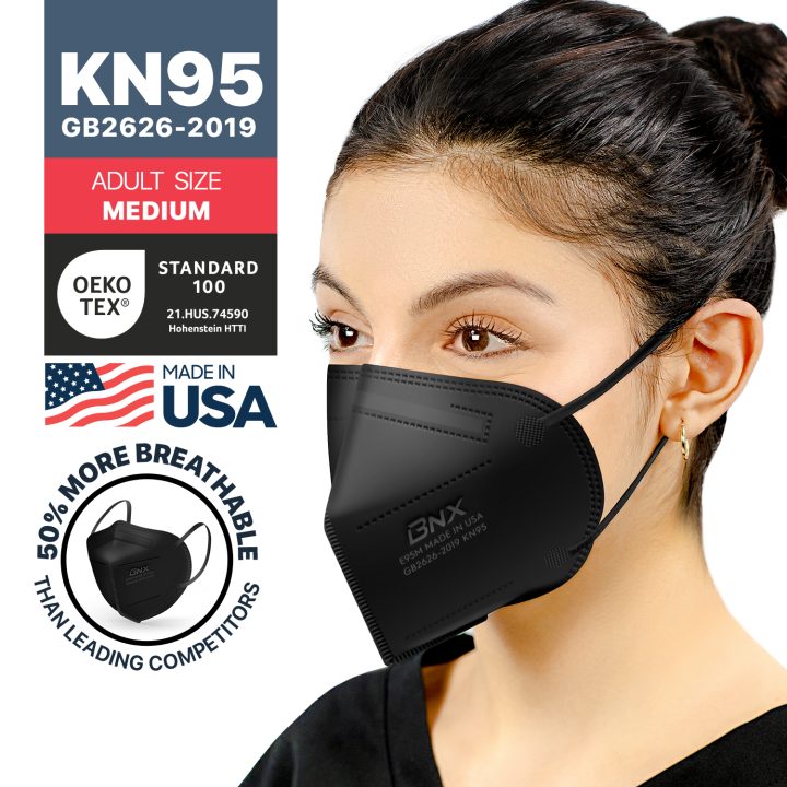 BNX KN95 Mask (E95M), Made in USA KN95 Face Mask, Black (Adult Medium)