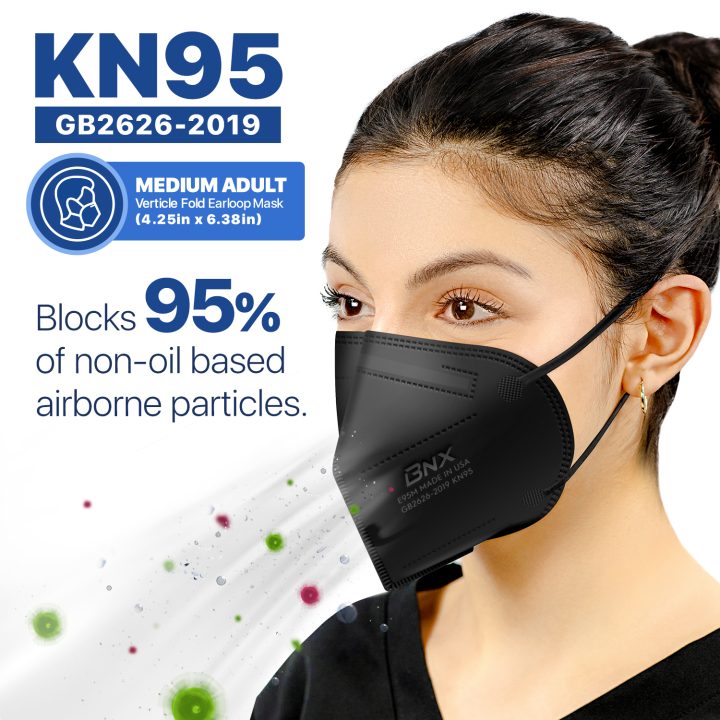 BNX KN95 Mask (E95M), Made in USA KN95 Face Mask, Black (Adult Medium)