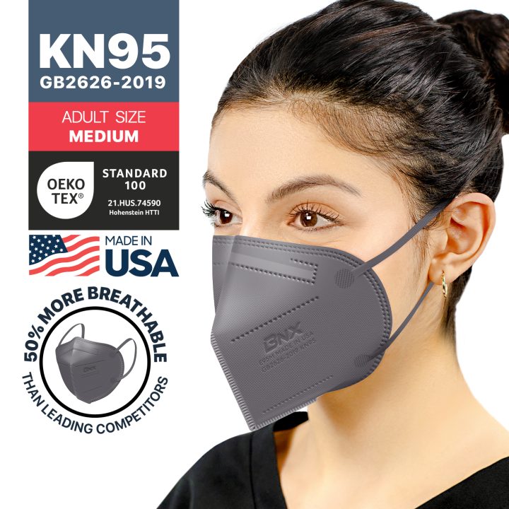 BNX KN95 Mask (E95M), Made in USA KN95 Face Mask, Gray (Adult Medium)