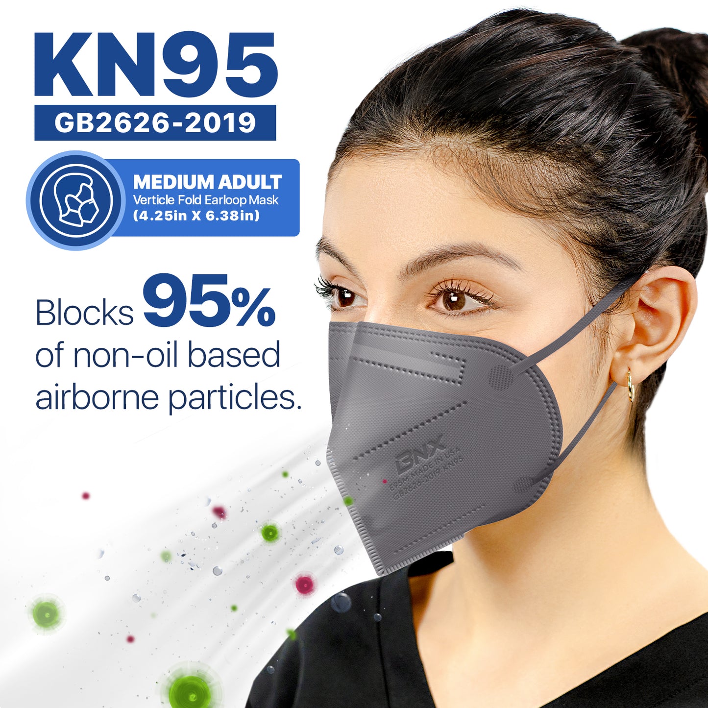 BNX KN95 Mask (E95M), Made in USA KN95 Face Mask, Gray (Adult Medium)
