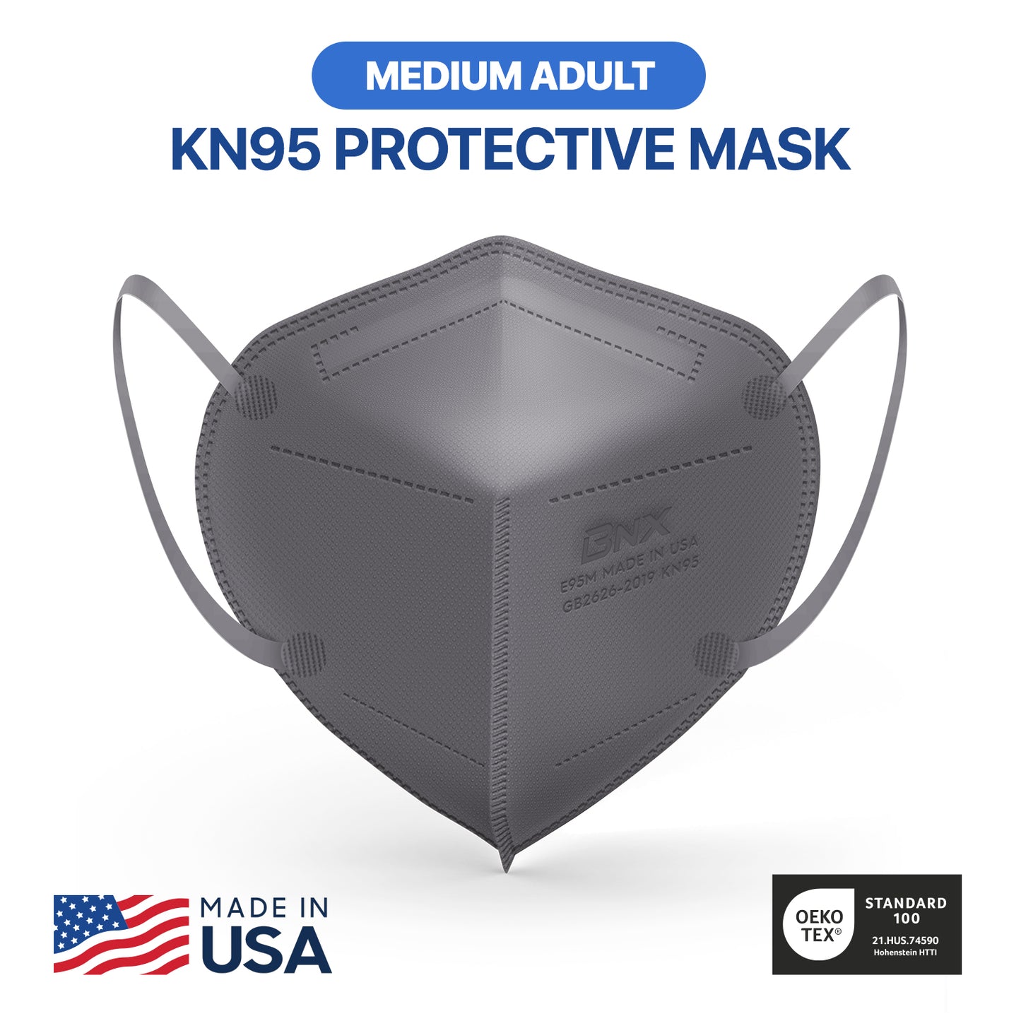 BNX KN95 Mask (E95M), Made in USA KN95 Face Mask, Gray (Adult Medium)
