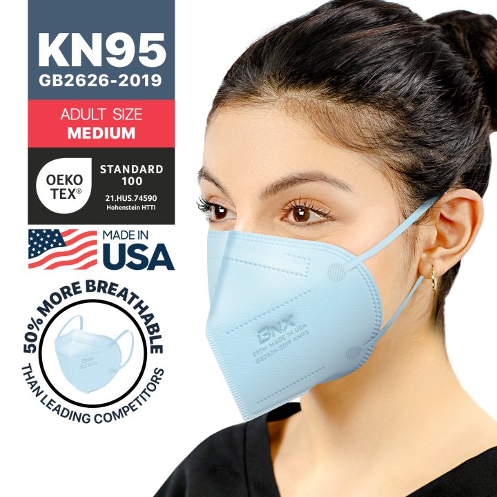 BNX KN95 Mask (E95M), Made in USA KN95 Face Mask, Light Blue (Adult Medium)