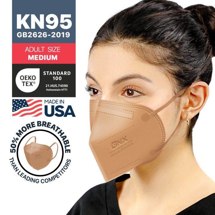 BNX KN95 Mask (E95M), Made in USA KN95 Face Mask, Tan (Adult Medium)