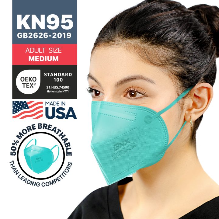 BNX KN95 Mask (E95M), Made in USA KN95 Face Mask, Teal (Adult Medium)