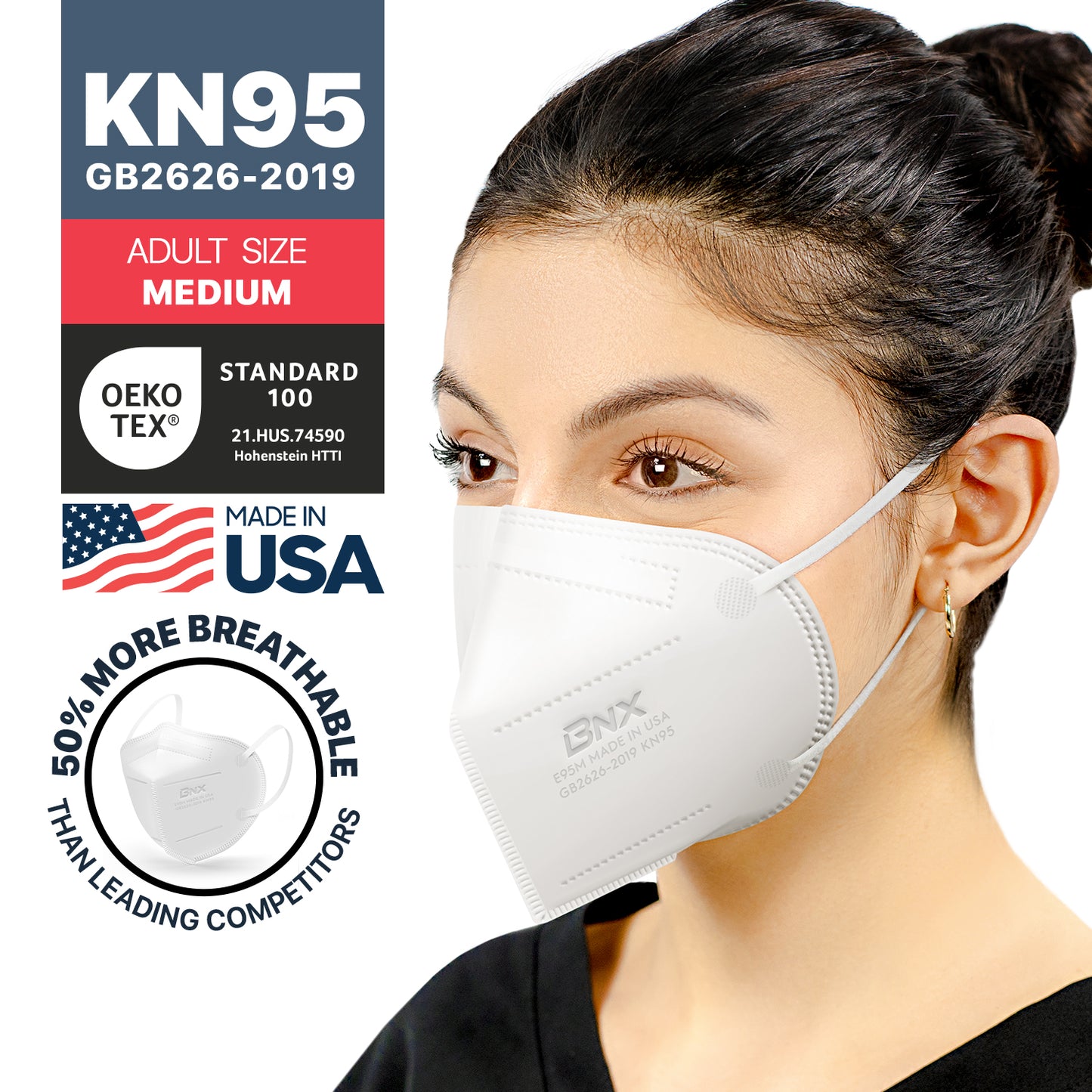 BNX KN95 Mask (E95M), Made in USA KN95 Face Mask, White (Adult Medium)
