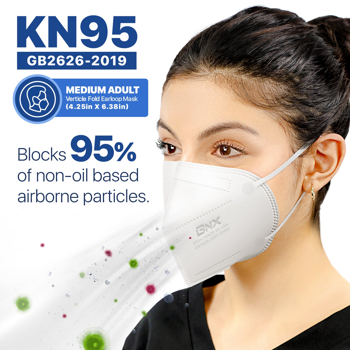 BNX KN95 Mask (E95M), Made in USA KN95 Face Mask, White (Adult Medium)