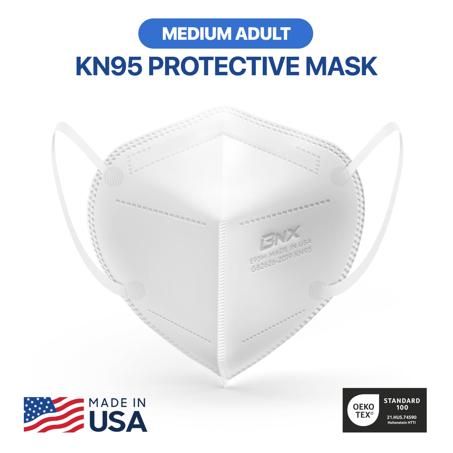 BNX KN95 Mask (E95M), Made in USA KN95 Face Mask, White (Adult Medium)