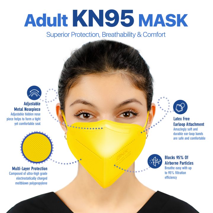 BNX KN95 Mask (E95M), Made in USA KN95 Face Mask, Yellow (Adult Medium)