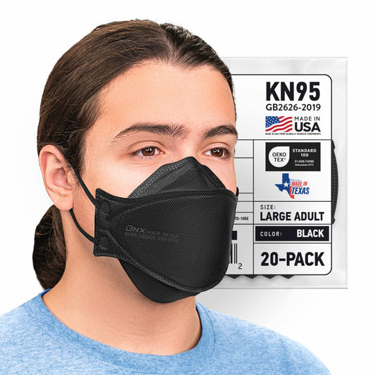 BNX 20-Pack KN95 Face Masks, Disposable Particulate KN95 Mask Made in USA, Tri-Fold Cup/Fish Style (20 Pack) (Earloop) (Model: EF95) Black