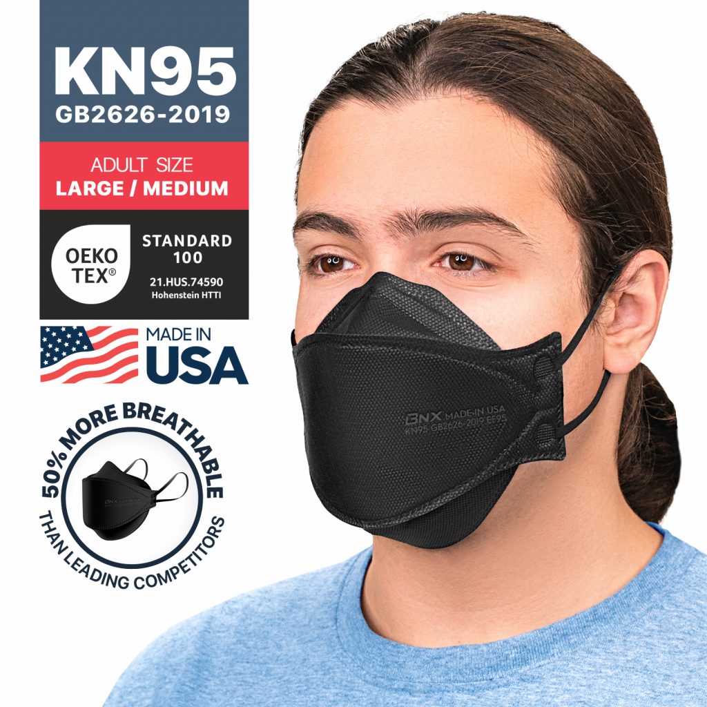 BNX 20-Pack KN95 Face Masks, Disposable Particulate KN95 Mask Made in USA, Tri-Fold Cup/Fish Style (20 Pack) (Earloop) (Model: EF95) Black