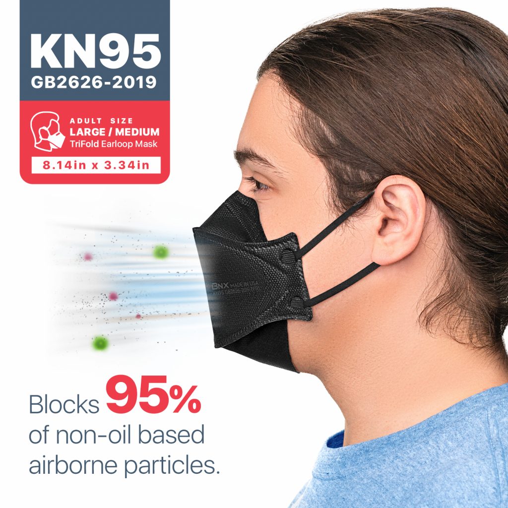 BNX 20-Pack KN95 Face Masks, Disposable Particulate KN95 Mask Made in USA, Tri-Fold Cup/Fish Style (20 Pack) (Earloop) (Model: EF95) Black
