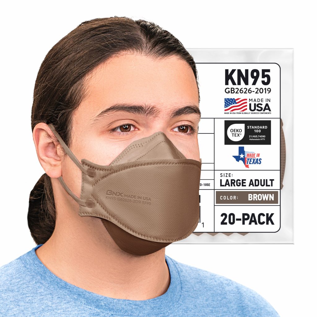 BNX 20-Pack KN95 Face Masks, Disposable Particulate KN95 Mask Made in USA, Tri-Fold Cup/Fish Style (20 Pack) (Earloop) (Model: EF95) Brown