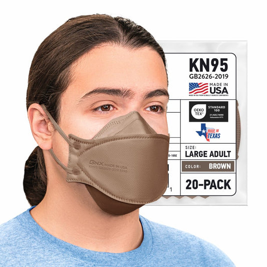 BNX 20-Pack KN95 Face Masks, Disposable Particulate KN95 Mask Made in USA, Tri-Fold Cup/Fish Style (20 Pack) (Earloop) (Model: EF95) Brown