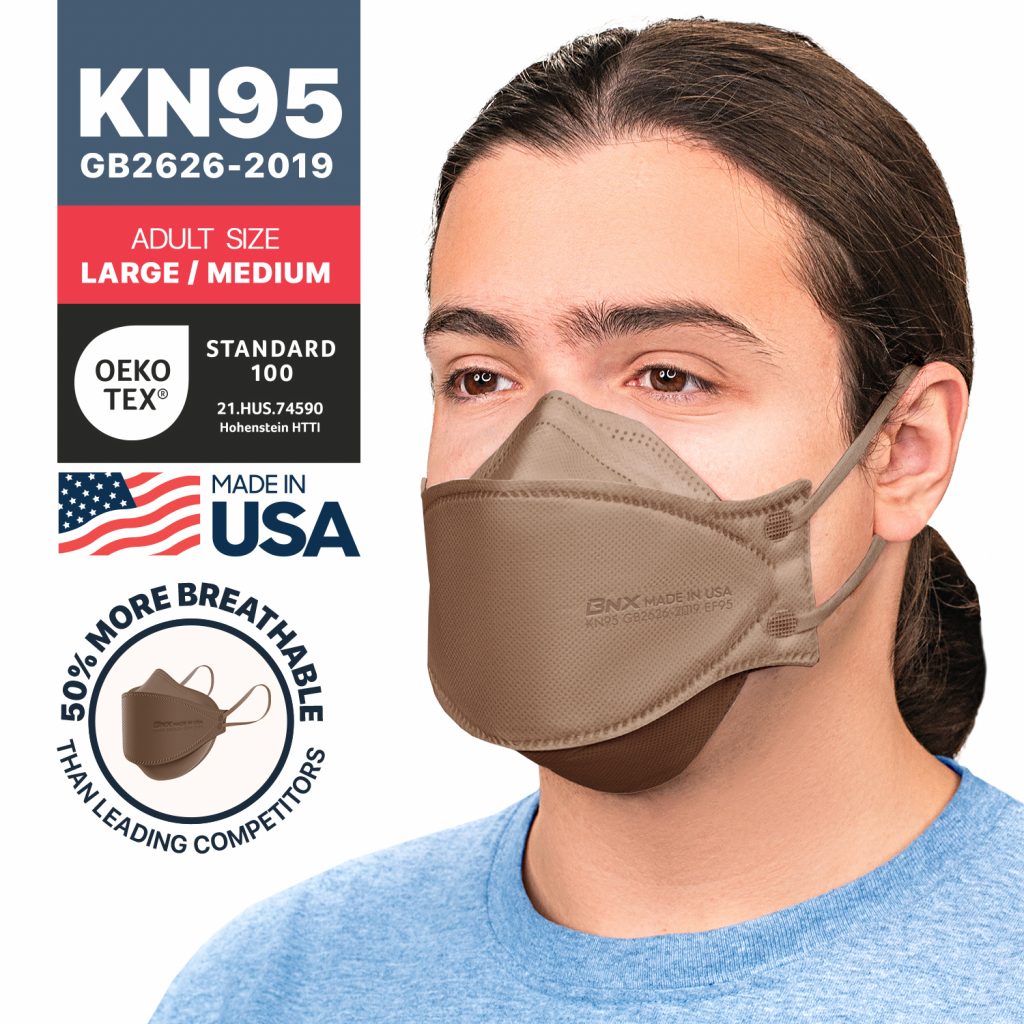 BNX 20-Pack KN95 Face Masks, Disposable Particulate KN95 Mask Made in USA, Tri-Fold Cup/Fish Style (20 Pack) (Earloop) (Model: EF95) Brown