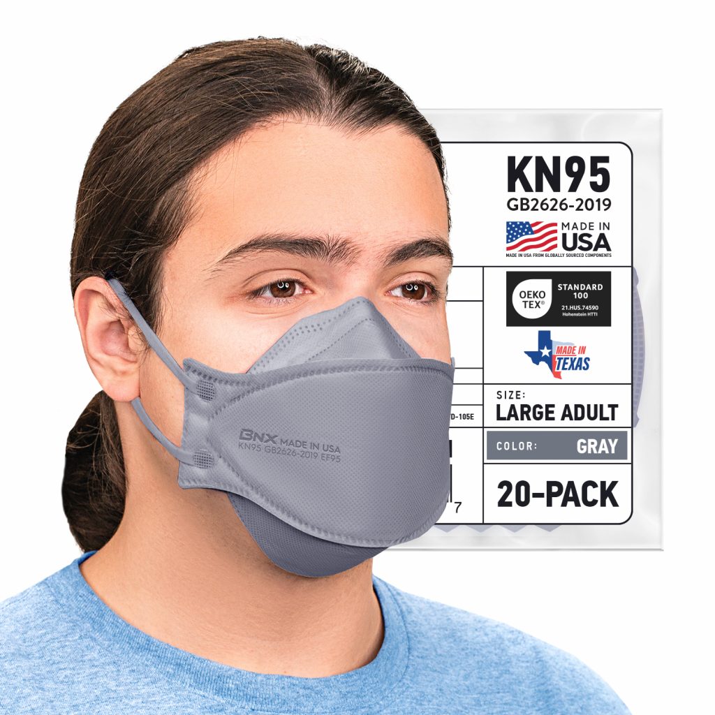 BNX 20-Pack KN95 Face Masks, Disposable Particulate KN95 Mask Made in USA, Tri-Fold Cup/Fish Style (20 Pack) (Earloop) (Model: EF95) Gray