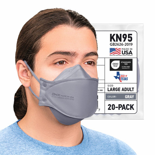 BNX 20-Pack KN95 Face Masks, Disposable Particulate KN95 Mask Made in USA, Tri-Fold Cup/Fish Style (20 Pack) (Earloop) (Model: EF95) Gray