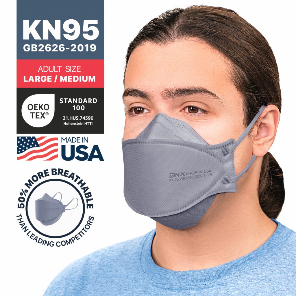 BNX 20-Pack KN95 Face Masks, Disposable Particulate KN95 Mask Made in USA, Tri-Fold Cup/Fish Style (20 Pack) (Earloop) (Model: EF95) Gray