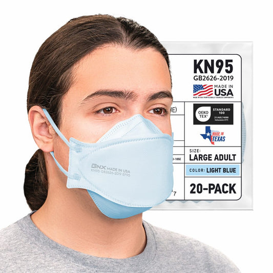BNX 20-Pack KN95 Face Masks, Disposable Particulate KN95 Mask Made in USA, Tri-Fold Cup/Fish Style (20 Pack) (Earloop) (Model: EF95) Light Blue