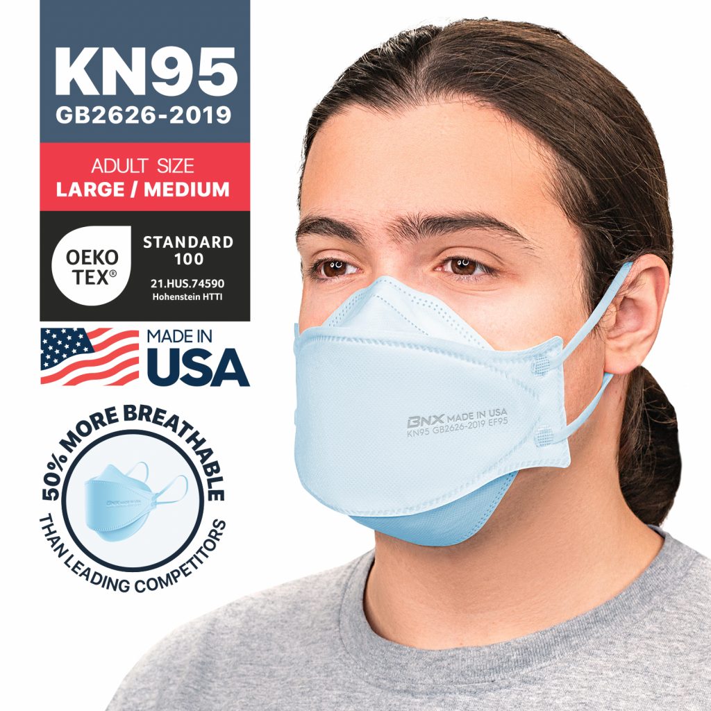 BNX 20-Pack KN95 Face Masks, Disposable Particulate KN95 Mask Made in USA, Tri-Fold Cup/Fish Style (20 Pack) (Earloop) (Model: EF95) Light Blue