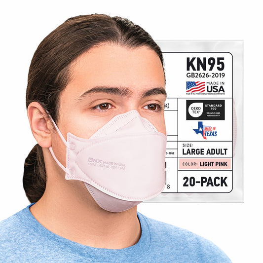 BNX 20-Pack KN95 Face Masks, Disposable Particulate KN95 Mask Made in USA, Tri-Fold Cup/Fish Style (20 Pack) (Earloop) (Model: EF95) Light Pink