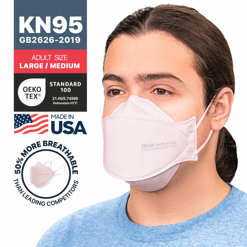 BNX 20-Pack KN95 Face Masks, Disposable Particulate KN95 Mask Made in USA, Tri-Fold Cup/Fish Style (20 Pack) (Earloop) (Model: EF95) Light Pink