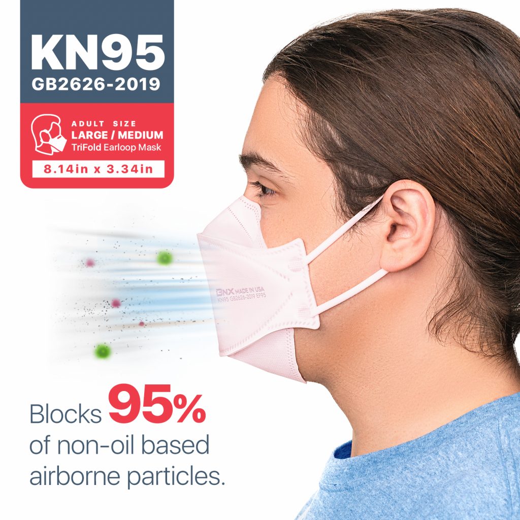 BNX 20-Pack KN95 Face Masks, Disposable Particulate KN95 Mask Made in USA, Tri-Fold Cup/Fish Style (20 Pack) (Earloop) (Model: EF95) Light Pink