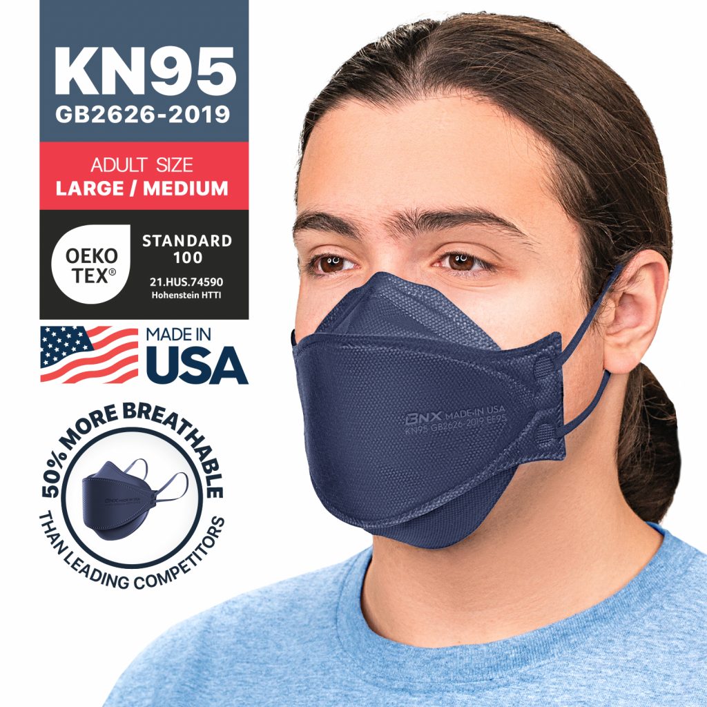 BNX 20-Pack KN95 Face Masks, Disposable Particulate KN95 Mask Made in USA, Tri-Fold Cup/Fish Style (20 Pack) (Earloop) (Model: EF95) Navy