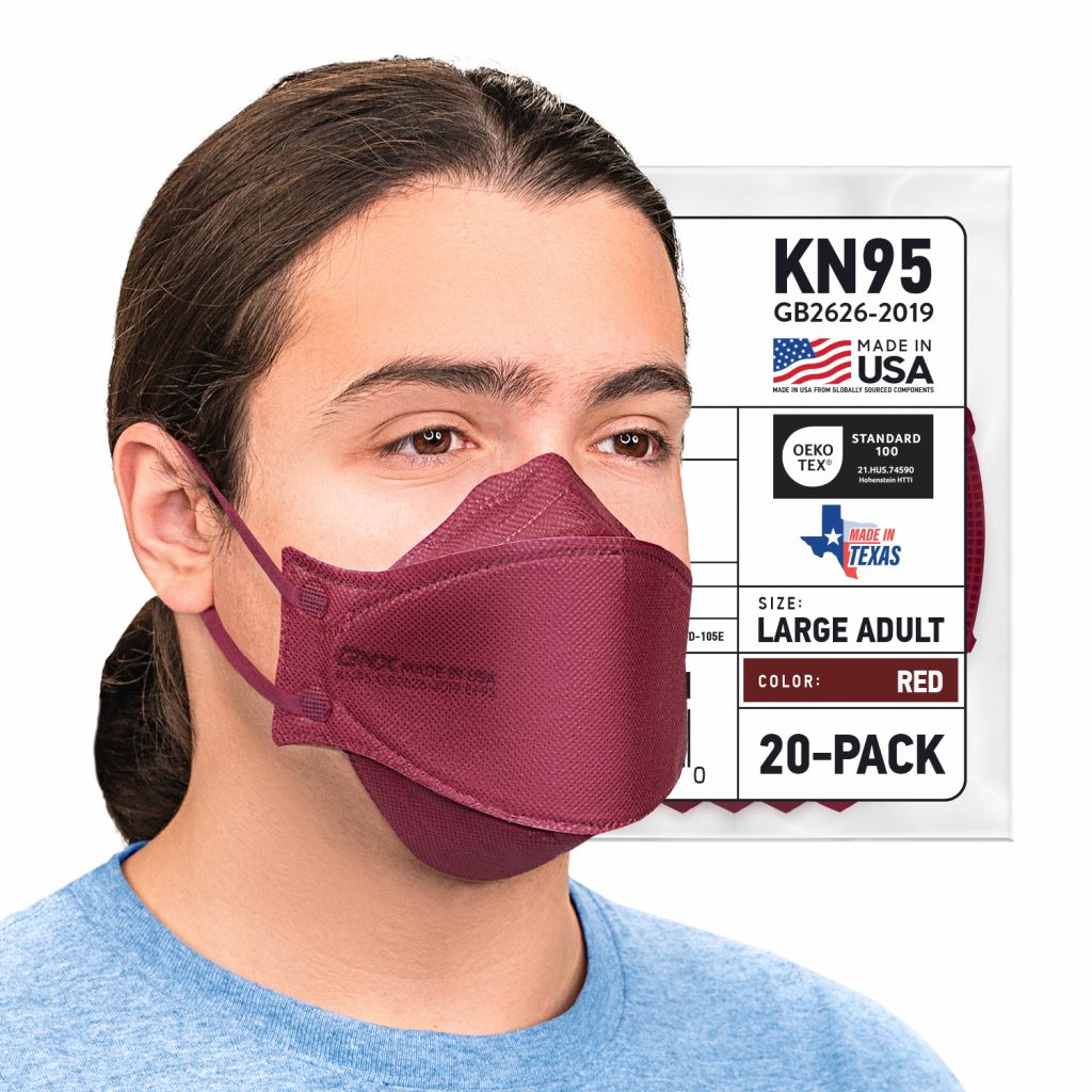 BNX 20-Pack KN95 Face Masks, Disposable Particulate KN95 Mask Made in USA, Tri-Fold Cup/Fish Style (20 Pack) (Earloop) (Model: EF95) Red