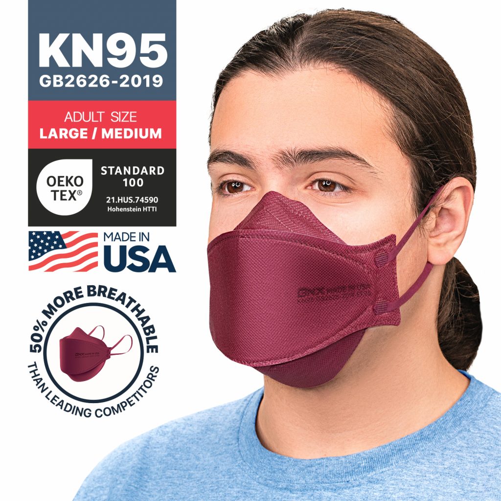 BNX 20-Pack KN95 Face Masks, Disposable Particulate KN95 Mask Made in USA, Tri-Fold Cup/Fish Style (20 Pack) (Earloop) (Model: EF95) Red