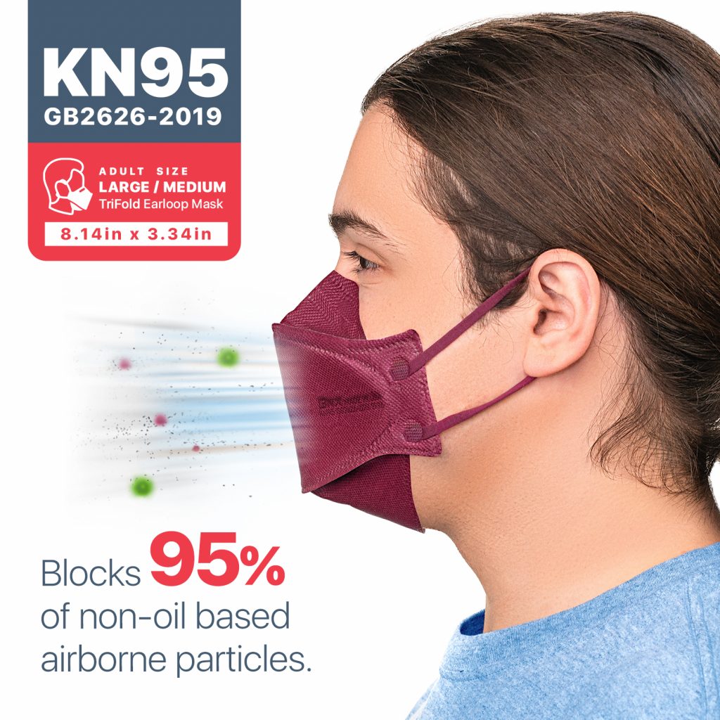 BNX 20-Pack KN95 Face Masks, Disposable Particulate KN95 Mask Made in USA, Tri-Fold Cup/Fish Style (20 Pack) (Earloop) (Model: EF95) Red