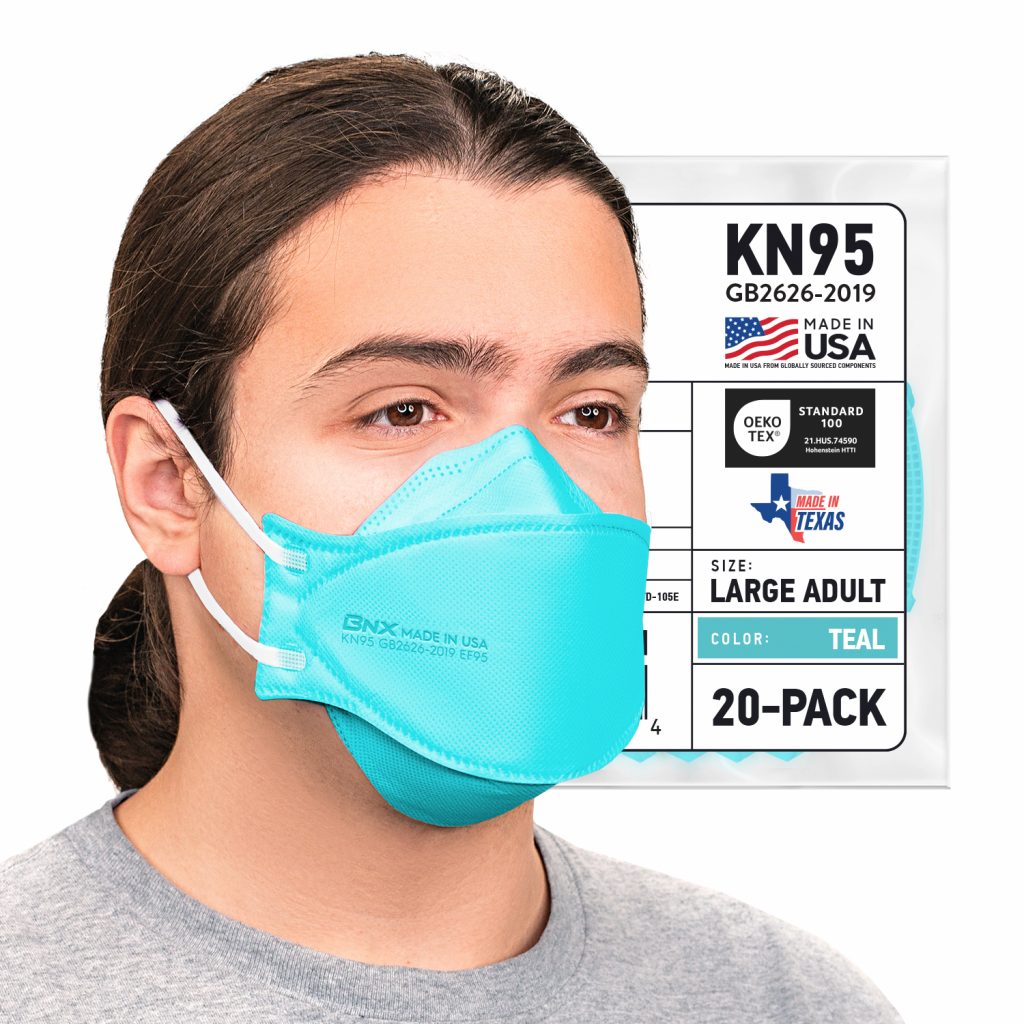 BNX 20-Pack KN95 Face Masks, Disposable Particulate KN95 Mask Made in USA, Tri-Fold Cup/Fish Style (20 Pack) (Earloop) (Model: EF95) Teal