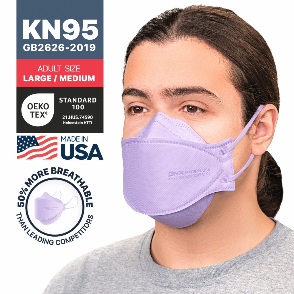 BNX 20-Pack KN95 Face Masks, Disposable Particulate KN95 Mask Made in USA, Tri-Fold Cup/Fish Style (20 Pack) (Earloop) (Model: EF95) Violet