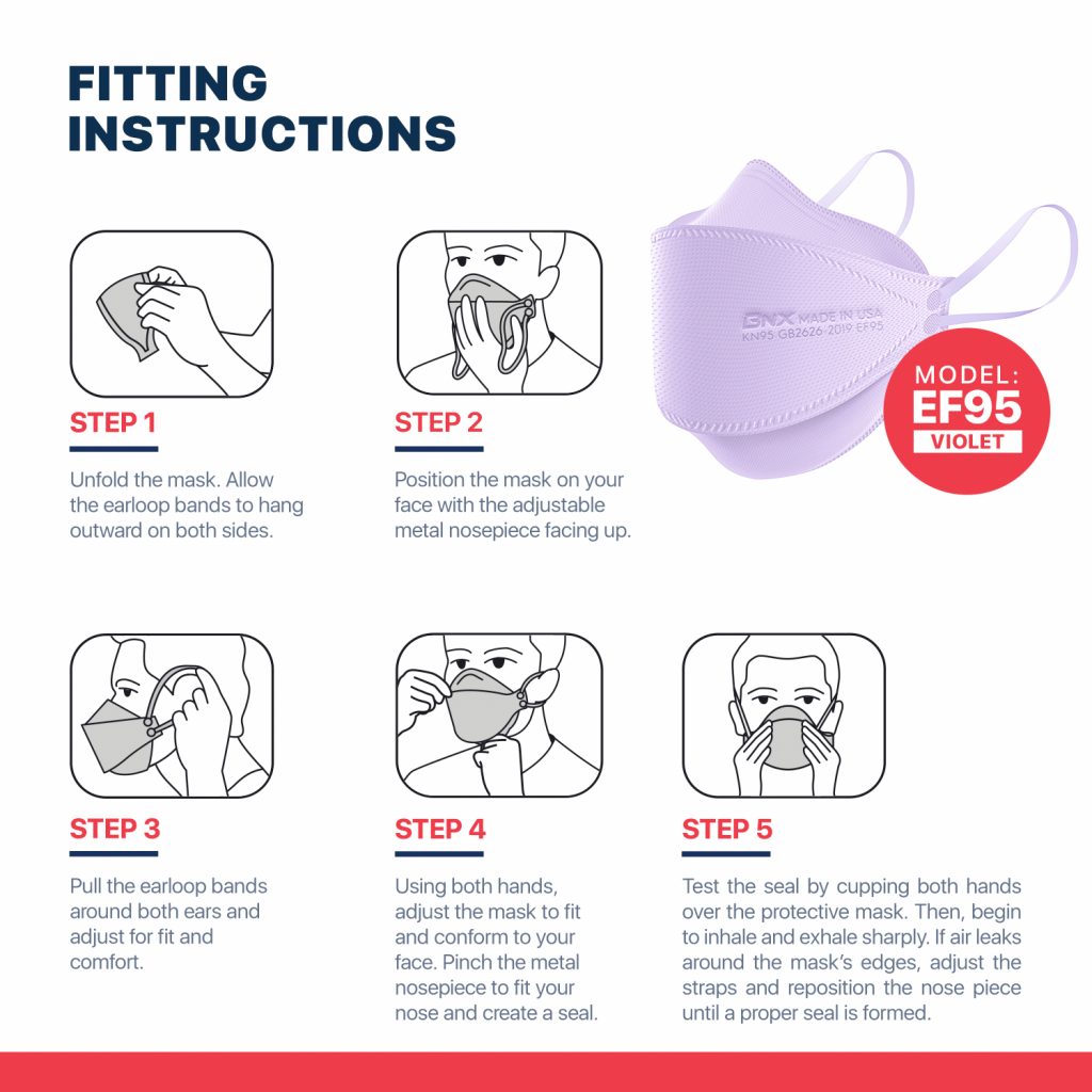BNX 20-Pack KN95 Face Masks, Disposable Particulate KN95 Mask Made in USA, Tri-Fold Cup/Fish Style (20 Pack) (Earloop) (Model: EF95) Violet
