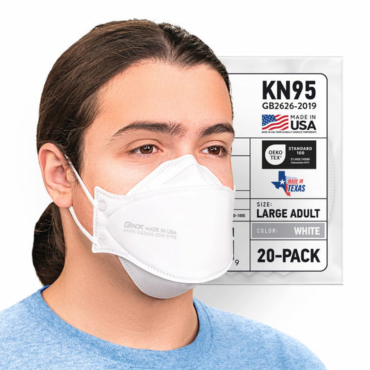 BNX 20-Pack KN95 Face Masks, Disposable Particulate KN95 Mask Made in USA, Tri-Fold Cup/Fish Style (20 Pack) (Earloop) (Model: EF95) White